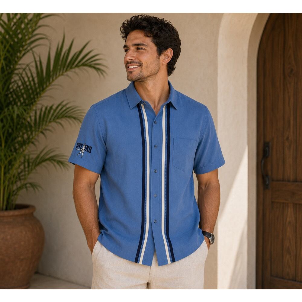 Cubavera Dive Inn Guayabera Shirt Blue Camp Cuban Button Front Large NWT‎